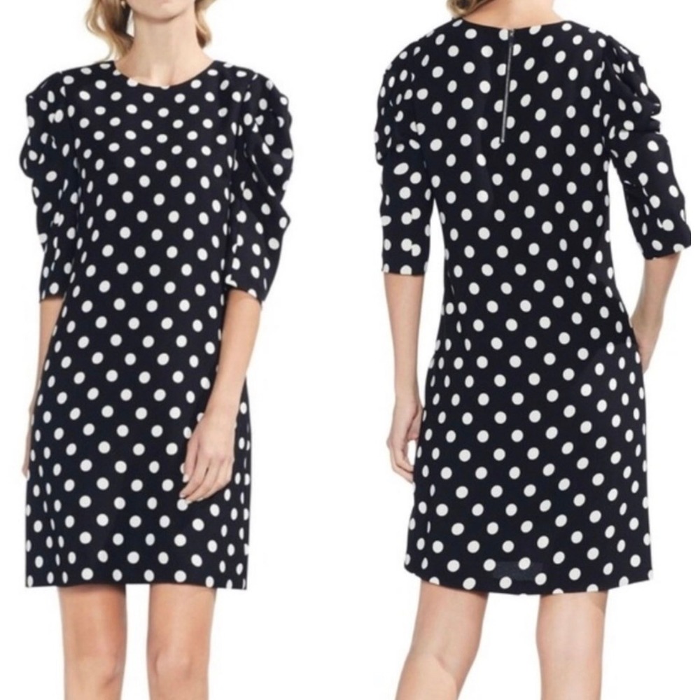 Vince Camuto Polka Dot Puff Sleeve Zipper Back Dress Size 4 Black White